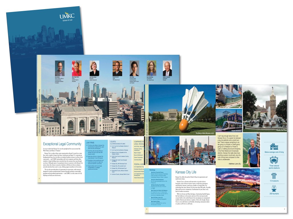 UMKC Law Viewbook Cover and Kansas City pages