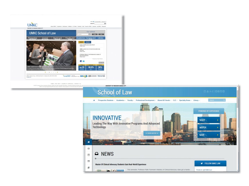 Example of old and new UMKC Law website homepage