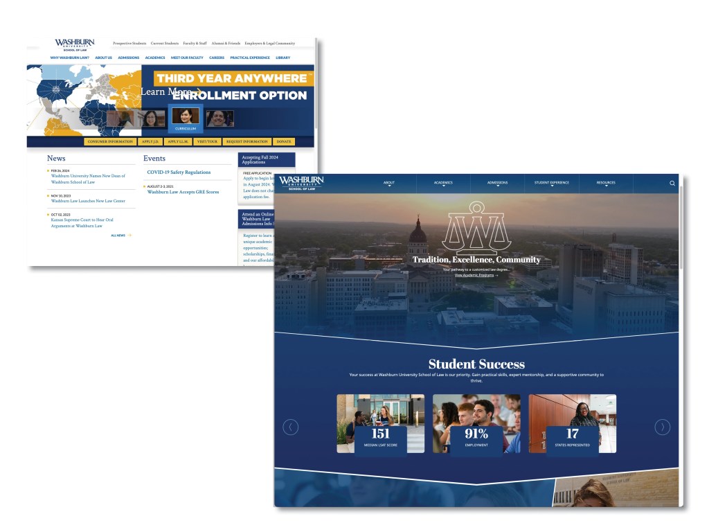 Screenshots of old and new Washburn Law homepages
