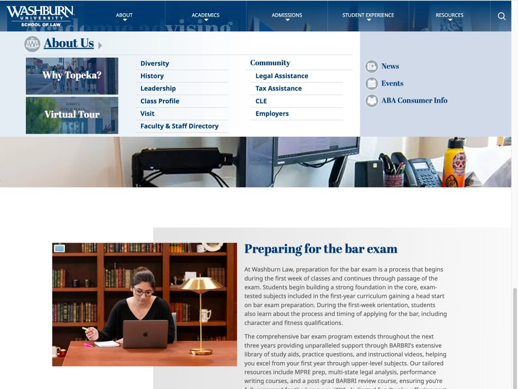 Washburn Law website page with open About Us menu